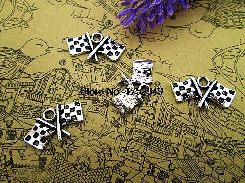 

100pcs- Antique Tibetan Silver Checkered Flags Charms Pendants DIY Supplies Jewelry Making 12x22mm