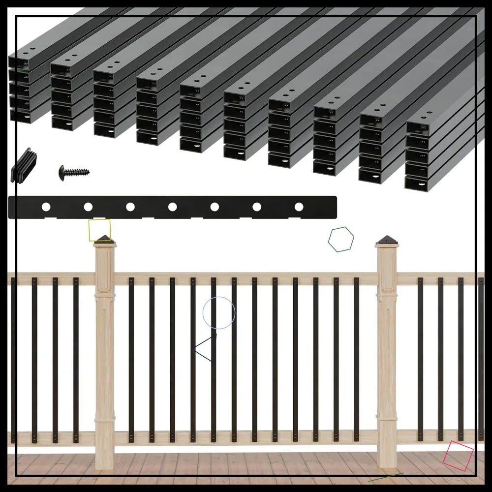 

50 шт. алюминиевых полых балясин для террасы 32,25 дюйма с крепежом, матовый черный, руководство по установке