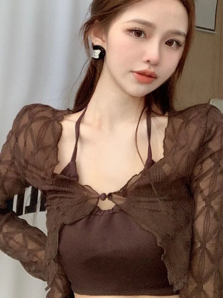 Casual Two Pieces Set Women Vintage Fashion Halter Tank Top + Thin Hollow Lace Cardigan 2024 Summer Y2k Sun Protection Cloth