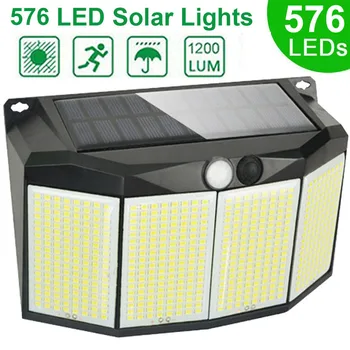 576 LED 야외 태양광 발전 조명, 모션 센서, 3 모드 방수 보안 홍수 조명, 외부 통로 정원 차고 램프