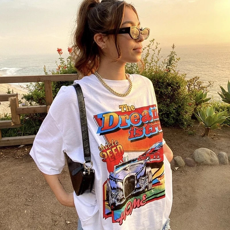 

Women T Shirts Fashion Girls Album Streetwear Oversized T Shirt Tops Contrast Color Large Pattern Vintage T-shirt Clothes