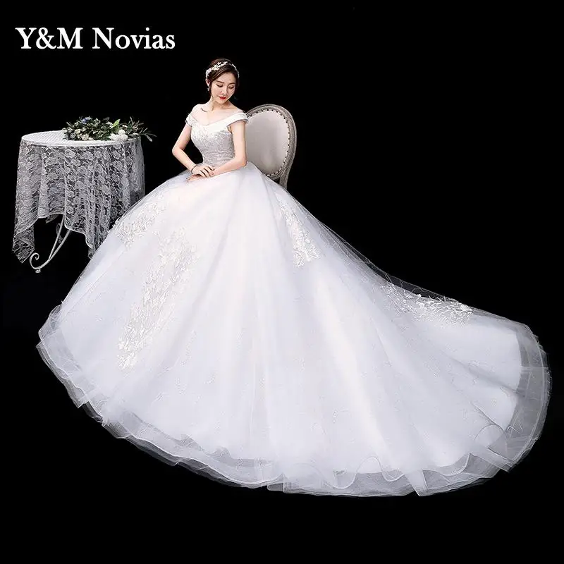 Korean Simple Sexy Boat Neck Off the Shoulder Wedding Dresses Fashion Princess Lace Appliques Bridal Dress Gown Vestido De Noiva