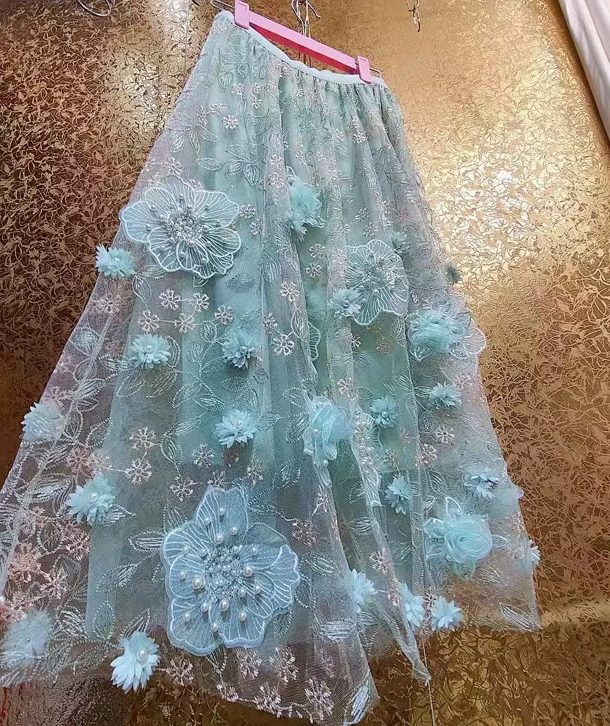 Luxury Style Beaded Flowers Lace Mesh Embroidery Skirt 2025 Spring Summer New In Heavy Industry High Waist Big Swing Skirt Women