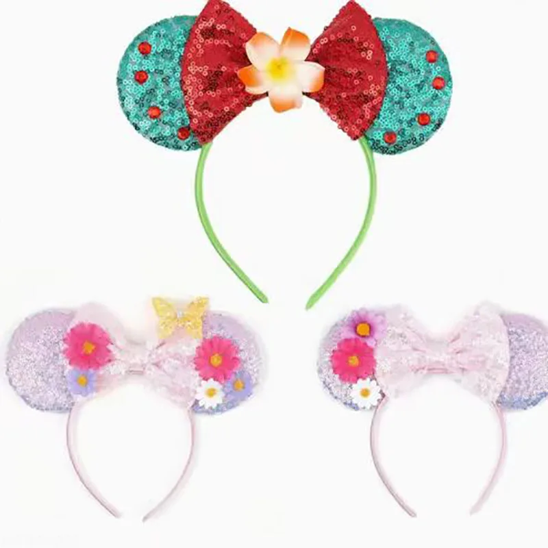 

New Disney Mickey Mouse Ear Headband Kawaii Hawaiian Flower Glitter Bow Headwear Children's Rainbow Headband Christmas Gift