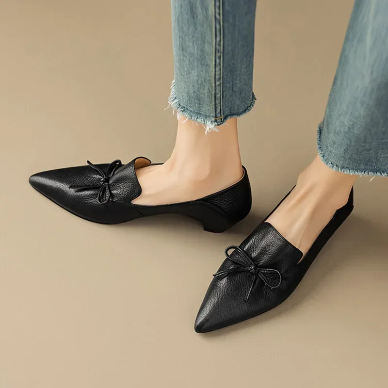 office lady elegant black shoes Women\'s pointed Toe mid Heels 2024 new Genuine leather retro pumps FT3427