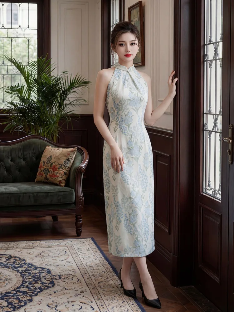 

Blue Flower Improved Jacquard Long Qipao Women's 2026 Spring New Style Girl Hanging Neck Young Style Qipao Dress