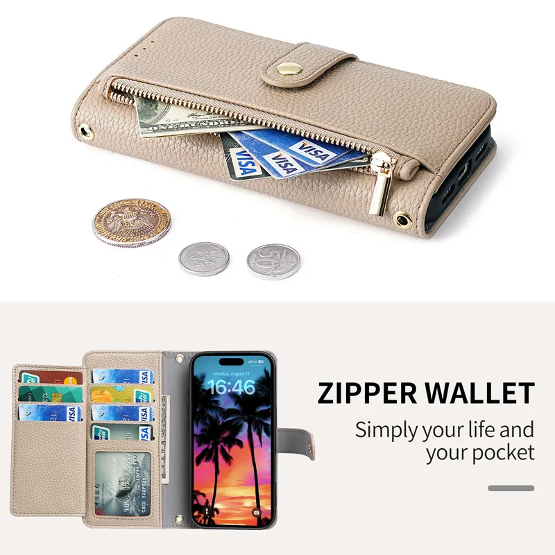 Zipper Wallet with Cards Holder Flip Phone Case for IPhone 17 Air 16E 16 15 14 13 12 Pro Max Crossbody Lanyard Strap Leather