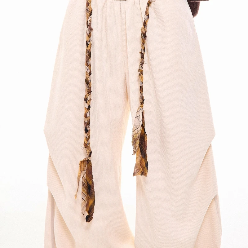 Original Retro Design Corduroy Drawstring Elastic Waist Women's Casual Pants Autumn New Loose Versatile Wide-Leg Trousers Ladies