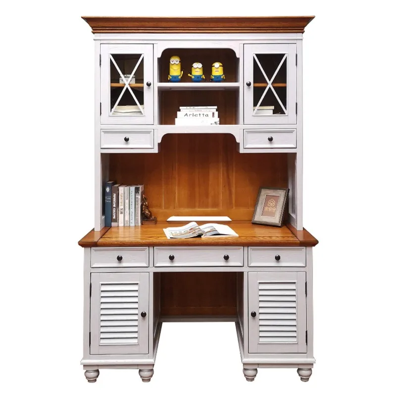 Log computer desk with bookshelf, oak cherry wood custom all solid wood children's desk