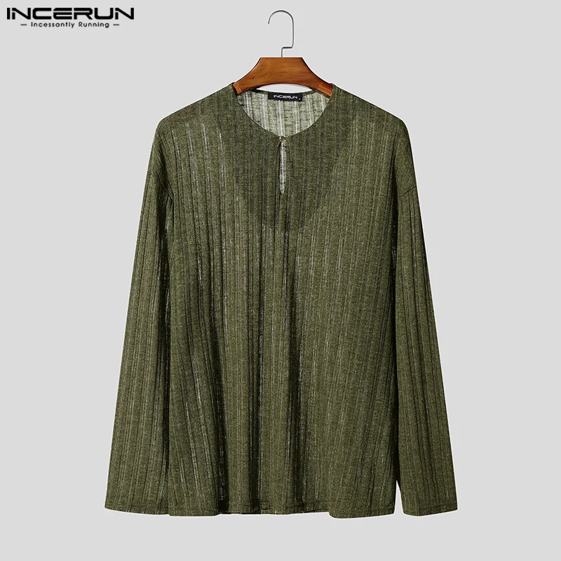 

INCERUN Men T Shirt Solid Color Knitted O-neck Long Sleeve Casual Male Tee Tops Streetwear 2025 Loose Fashion Men Pullovers