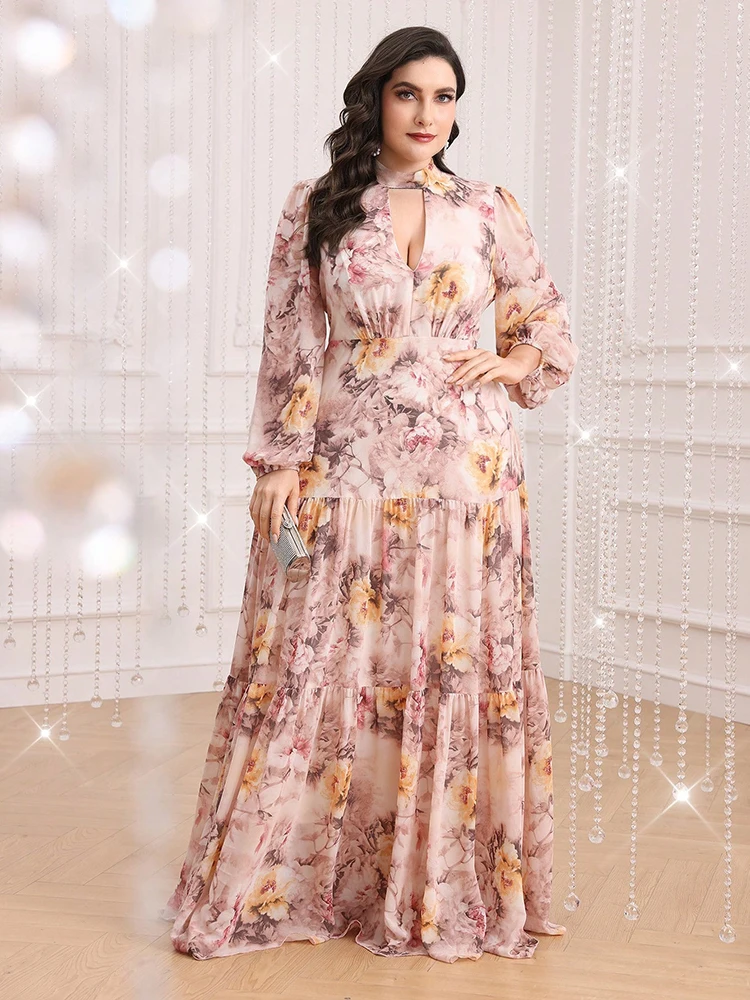 TOLEEN Plus Size Women's Floral Print Keyhole Neck Long Sleeve Dress 2024 New in Spring Summer Casual Elegant Party Maxi Dresses