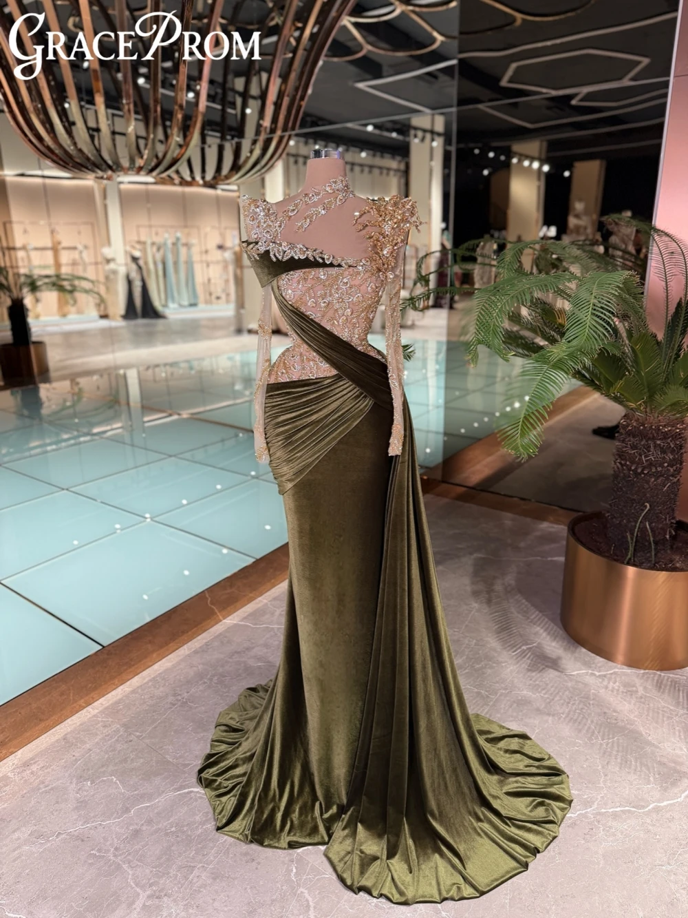 

Exquisite Golden Crystal Velvet Evening Dress Illusion Elegant Long Sleeve Wedding Party Gown 2026 New Customized Prom Dresses