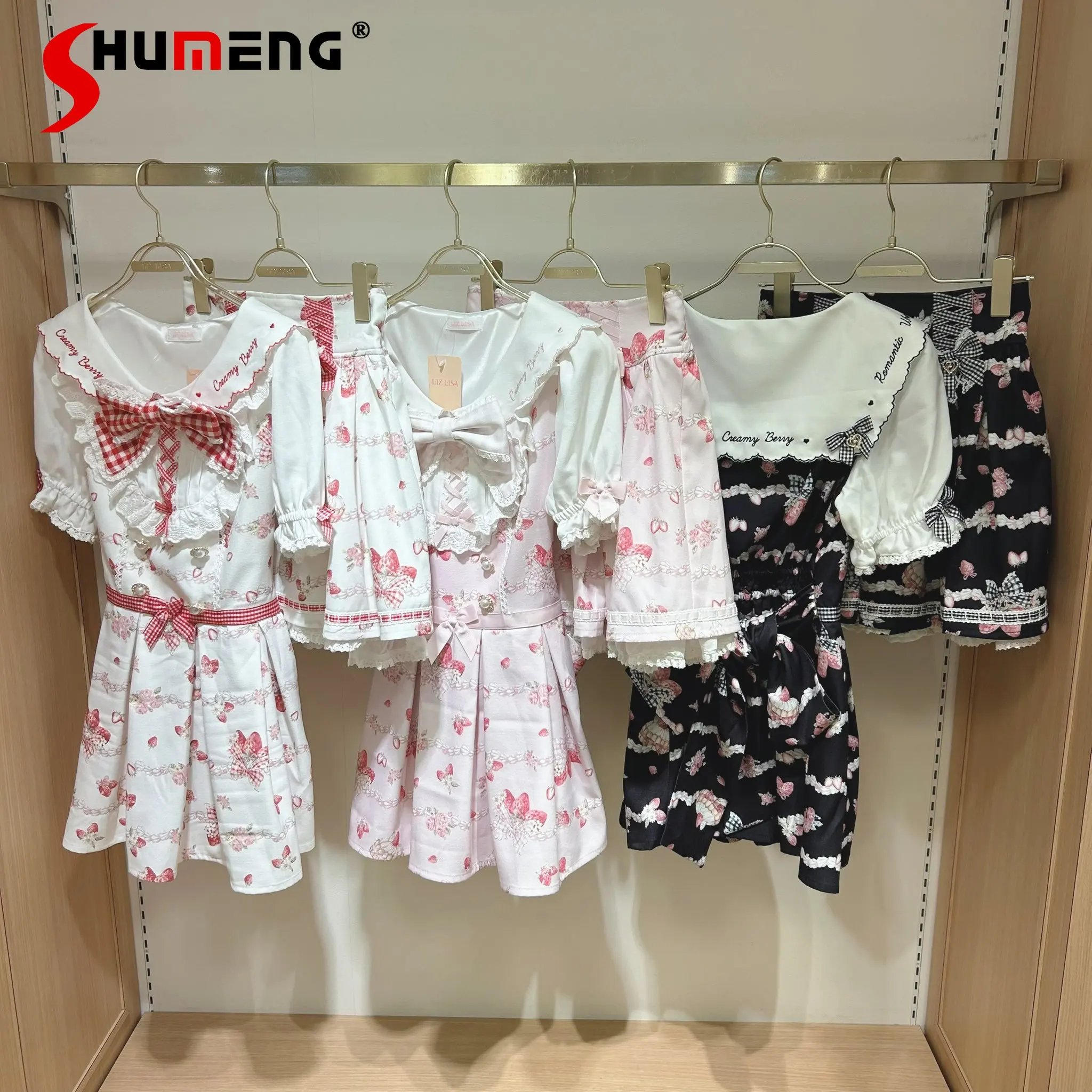

Liz Dress Set Summer Japanese Mine Cute Bow Sweet Strawberry Print Short Sleeve Dress Shorts Set Princess Lolita Womens Outfits
