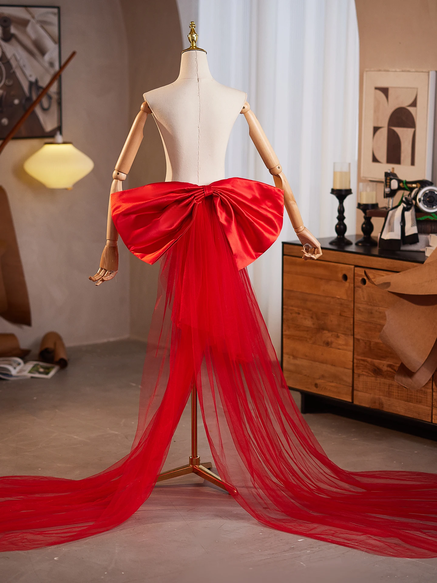 red-handmade-diy-back-knot-evening-gown-shawl-catwalk-performance-accessories-host-large-tail-shawl