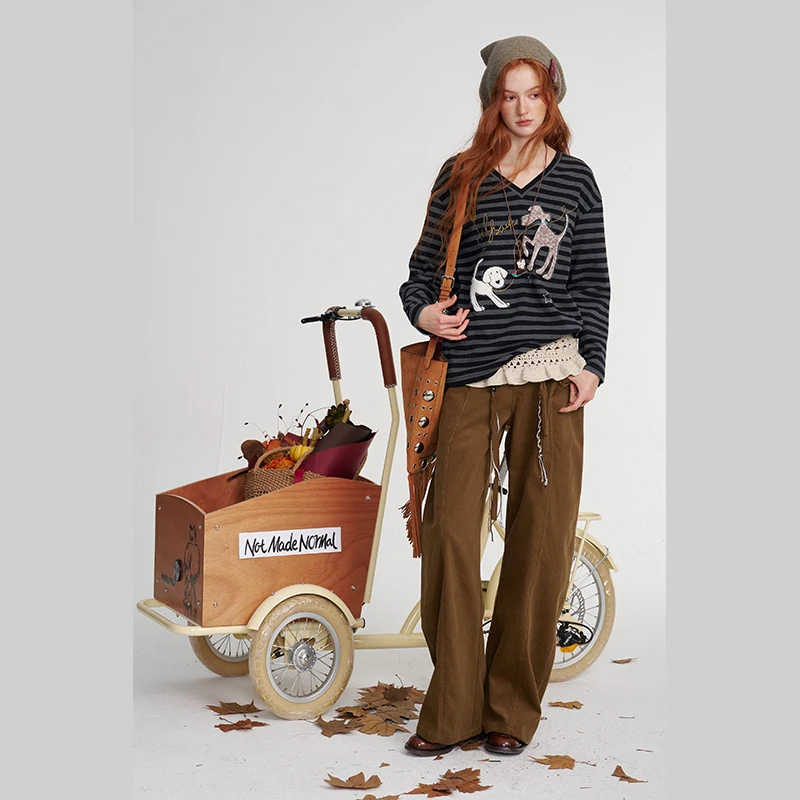 ELFSACK Women's Brown Pants with Braid Waist Detail, Loose Fit Casual Trousers, Vintage Chic Bottoms for Daily
