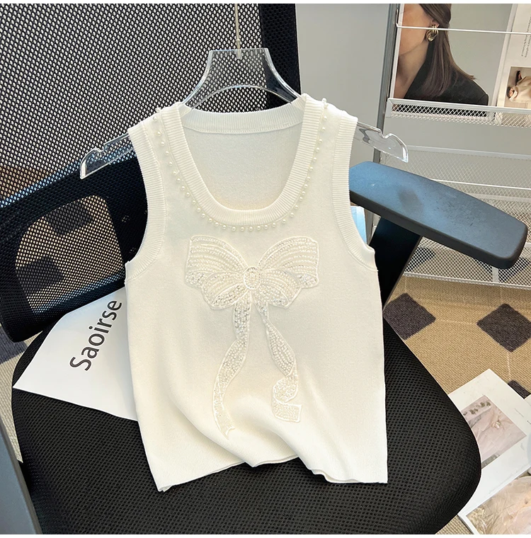 Bow Pearl Beaded Knit Sweater Vest Women Pullover Tees Tops Summer Stylish Sexy Fashion Chic Knitwear Sleeveless O-neck Jumpers