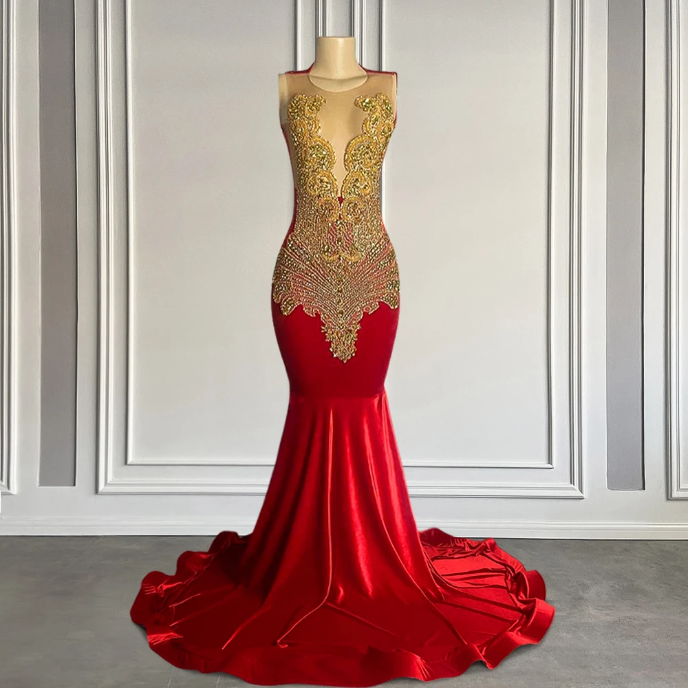 

Gorgeous Crystals Velvet Red Prom Dresses for Black Girls Gold Rhinestone Sparkly Mermaid Birthday Luxury Dresses Customized