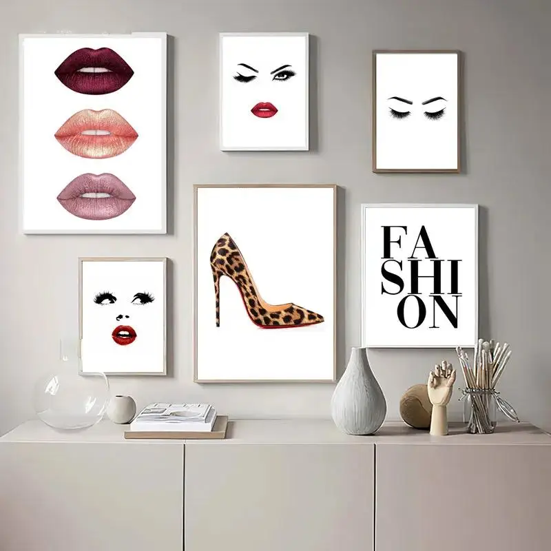 Chic Fashion Wall Art Canvas  Eyelash Lips Leopard High Heels Poster Modern Aesthetic Decor for Girls Bedroom