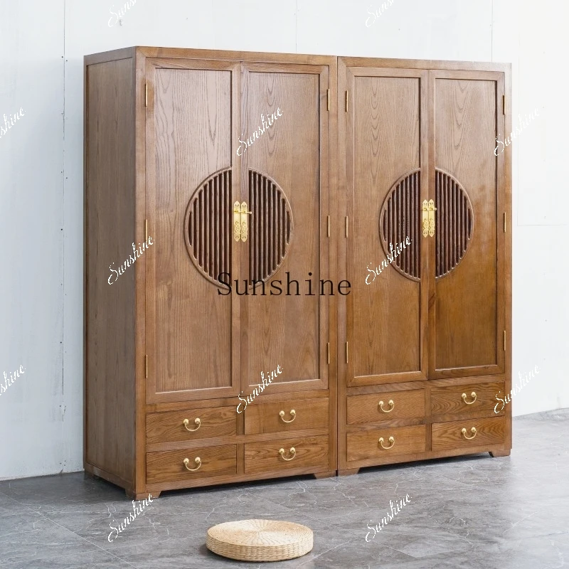 New Chinese-style solid wood home bedroom large-capacity wardrobe ash wood homestay installation-free whole house customization