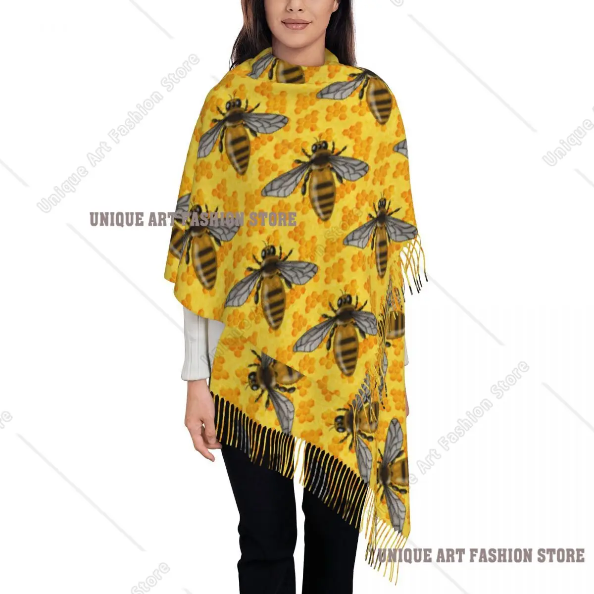 Custom Bee And Honeycomb Print Tassel Scarf Women Soft Shawl Wrap Ladies Winter Scarves