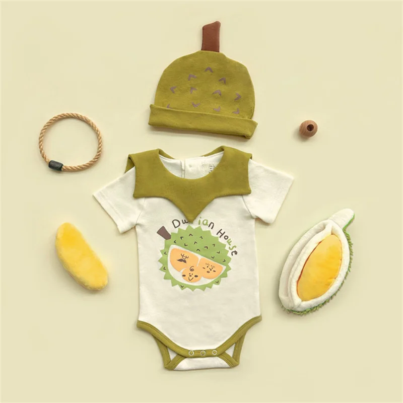 Funny Durian Newborn Baby Clothes Romper Boy Girl Pattern Onesie Infant Cotton Short Costume Onesie Jumpsuits Outfit  With Hat