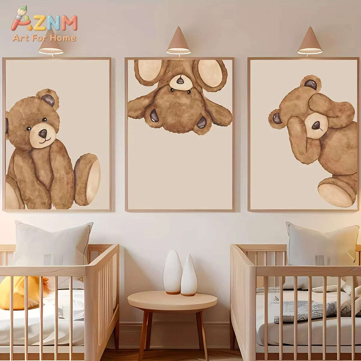 AZNM Watercolor Cute Playful Brown Teddy Bear Canvas Wall Art Neutral Beige Cartoon Animal Print Unframed Canvas Painting for Ba