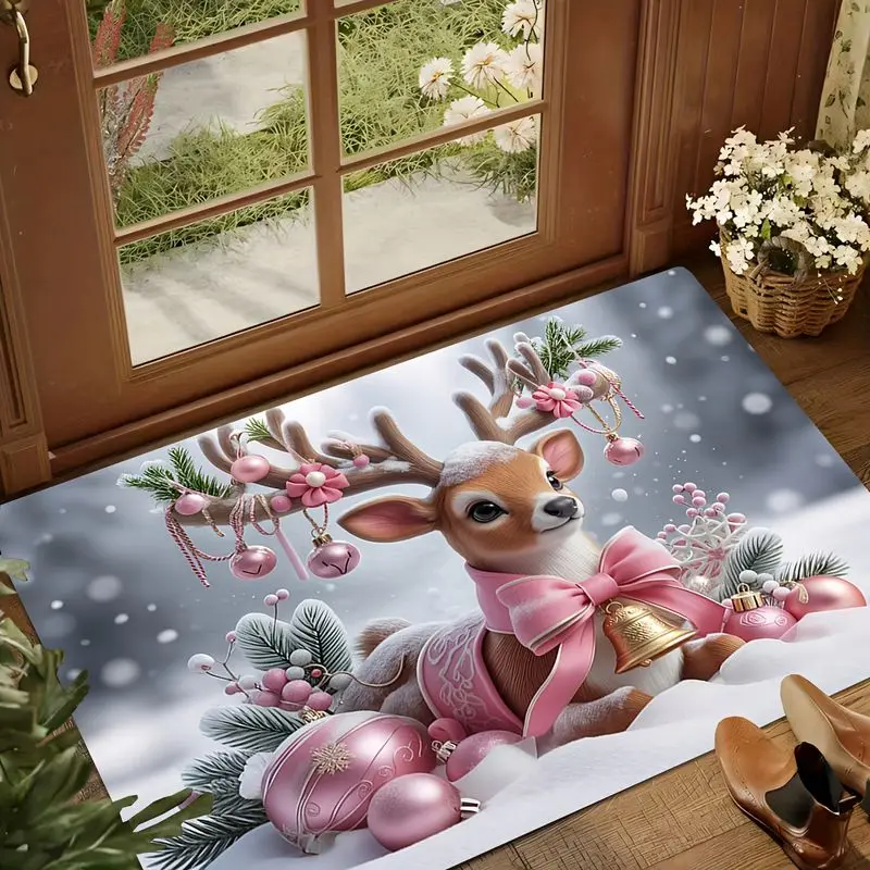 VIKAMA Deer Christmas Doormat Cute Fawn with Pink Bow Bells Snowflakes Winter Welcome Mat Entryway Rug Front Porch Decor