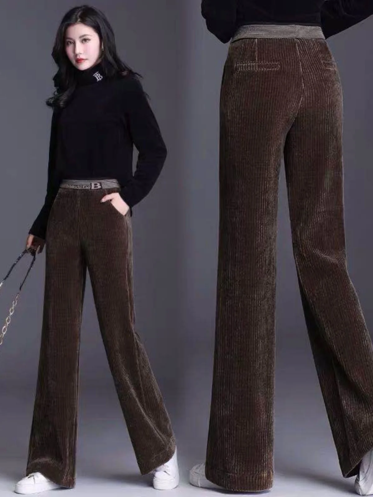 

Женские свободные широкие брюки из вельвета с высокой талией для повседневной носки, осенне-зимняя коллекция, образец одежды