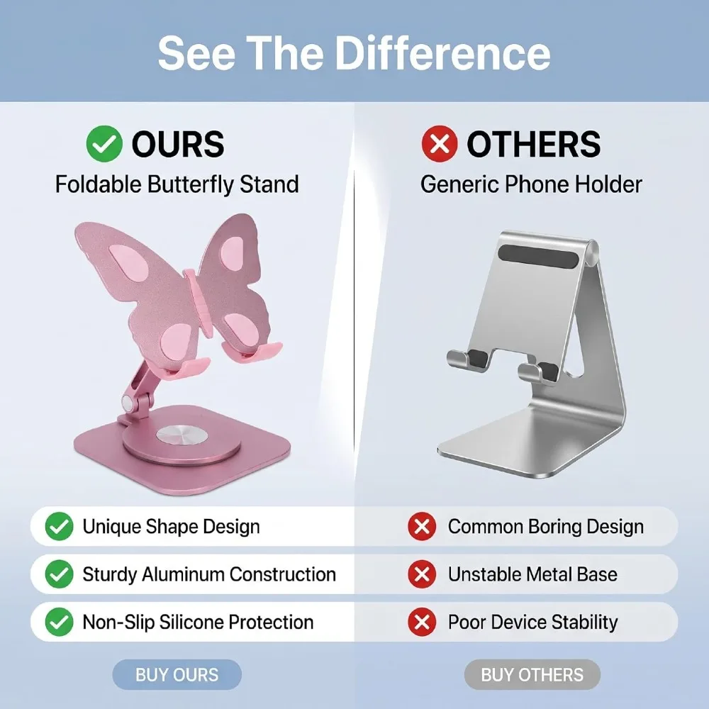 Aluminum Alloy Foldable Phone Holder 360° Rotation Anti-Slip Rotating Cell Phone Stand Compact Size Angle Adjustable
