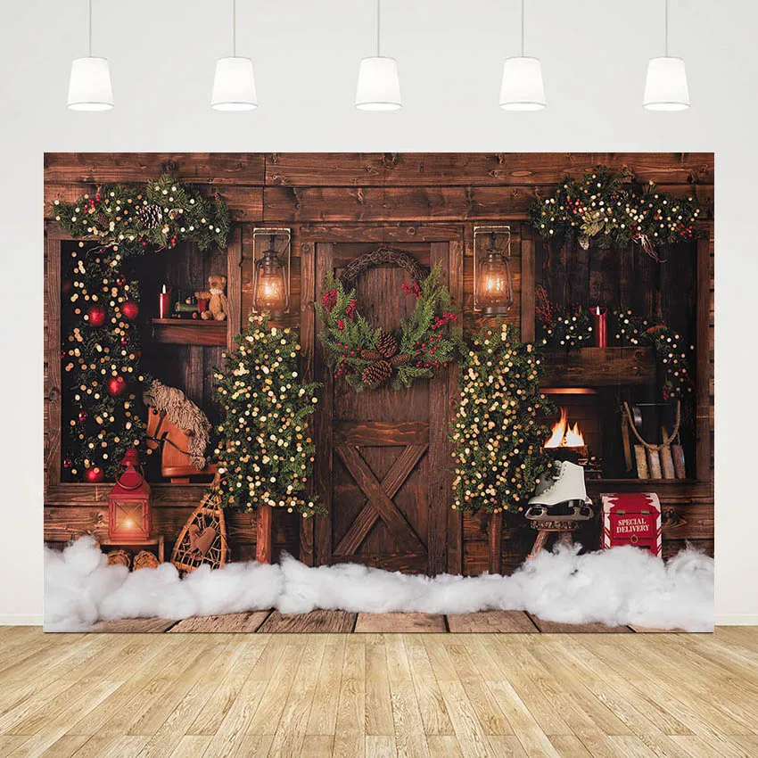 Mehofond Christmas Rustic Wood Door Backdrop for Photography Vintage Xmas Tree Glitter Children Holiday Background Photo Studio