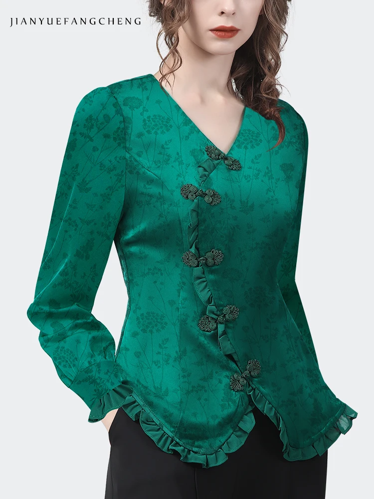 Vintage Women\' Long Sleeve Green Jacquard Blouse Elegant Slim V-Neck Irregular Button Tops 2022 Autumn New Ladies Casual Shirts