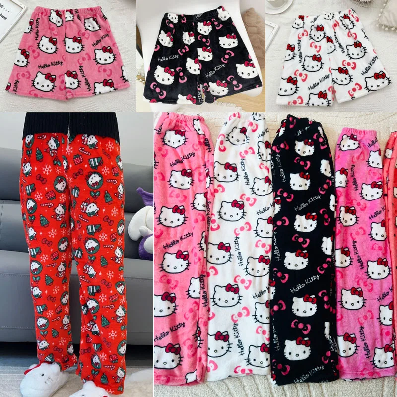 

Anime Sanrio Hello Kitty Y2k Kawaii Flannel Pajamas Women'S Warm Woolen Cartoon Casual Home Pants Autumn Winter Fashion Trousers