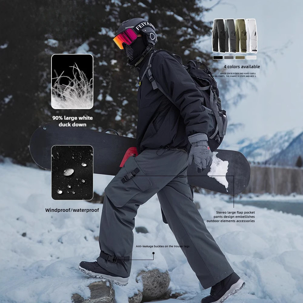 Winter Fleece Ski Pants with Hard Shell Windproof and Cold Resistant Charging Down Pants 90 White Duck Down