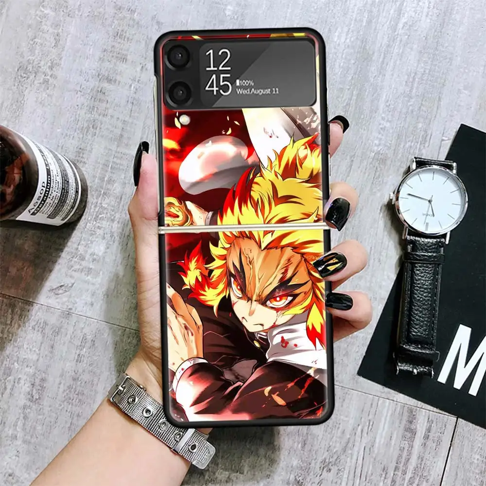 Demon Slayer Rengoku Kyoujurou Shockproof Folding Mobile Hard Shell For Samsung Galaxy Z Flip 4 3 5G TPU Black Phone Case Flip4