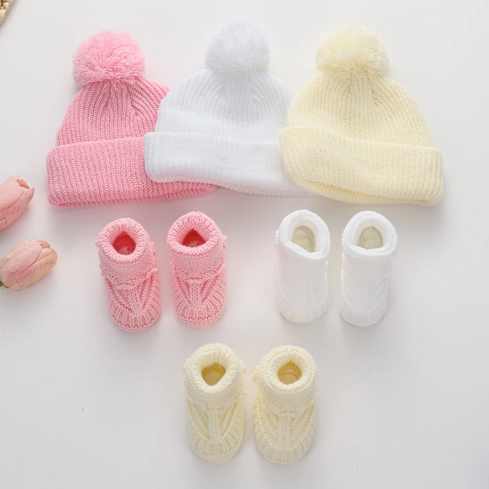 2Pcs/Set Solid Pom Knitted Baby Turban Hats 0-12M Hair Bows Ties Cotton Short Socks Infant Ankle Stockings Footwear Caps Beanies