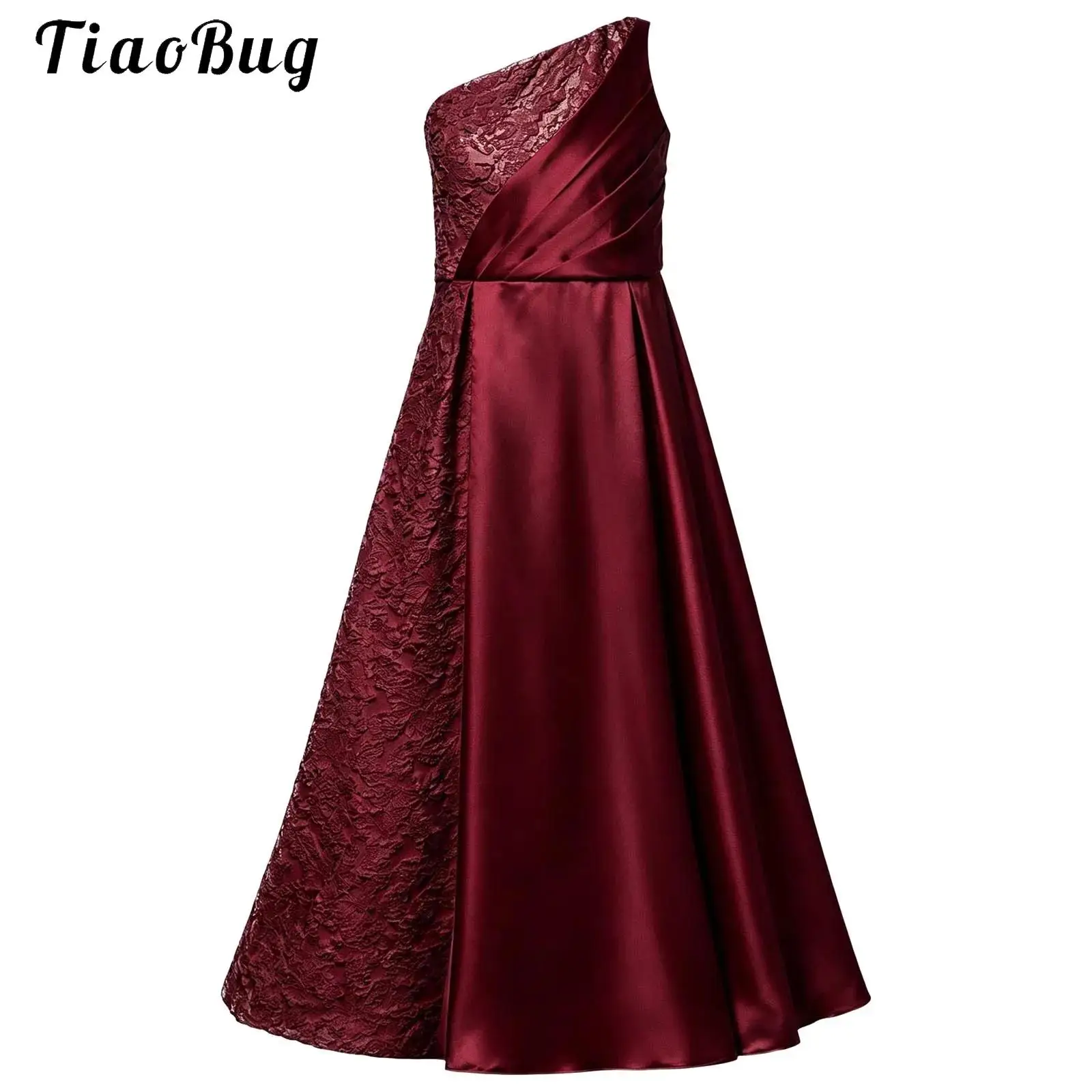 Kids Jacquard Flower Girl Party Gown Child One Shoulder Sleeveless Pleated Bodice Dress For Birthday Wedding Ceremony Banquet