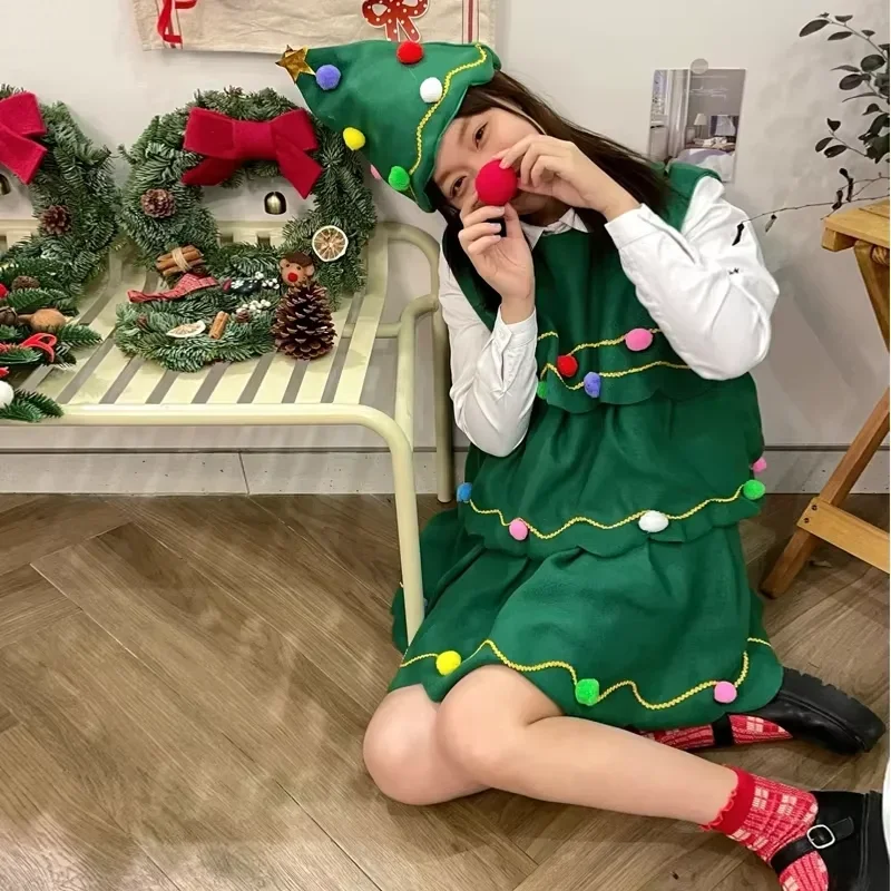 

2025halloweenChristmas Tree Cosplay Costume For Women Holiday Party Performance Clothing Santa Rudolph Family Matching Cloth