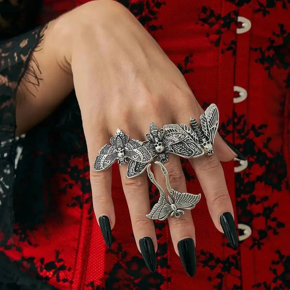 IngeSight.Z Goth 4Pcs/set Creative Butterfly Moth Skull Opening Rings for Women Vintage Joint Ring Trend Jewelry Halloween Gifts