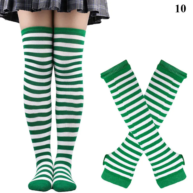 Ensemble de chaussettes hautes au genou rayées pour les jeunes, chaussettes longues, gants à trous de pouce, bas chauds, manches de bras, cosplay,