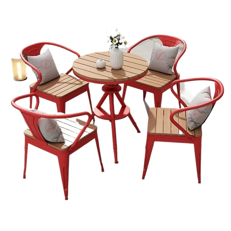 Outdoor casual dining table and chairs, outdoor red liftable small round table waterproof inner and outer balcony