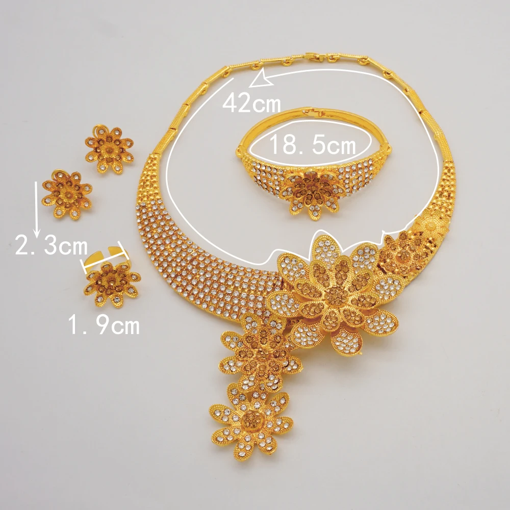 African Nigerian Dubai Gold Color Jewelry Set For Women Girls Crystal Flower Necklace Earrings Bracelet Ring Charm Jewelry Sets