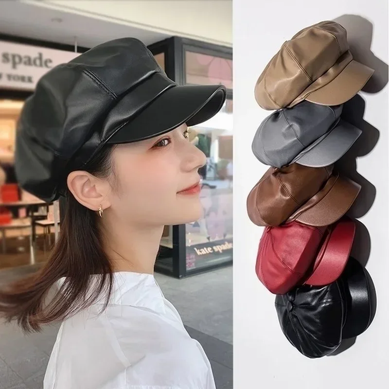 Topi kulit oktagonal Korea, topi pelukis serbaguna gaya Inggris Retro kasual warna polos Musim Semi dan Gugur