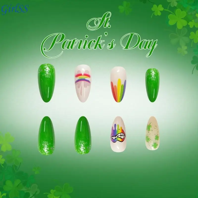 24 ชิ้น Glitters กดบนเล็บสีเขียว Four Clovers ออกแบบสำหรับ StPatricks ฉลองวันเพิ่ม Sparkles และ Luck T4MB