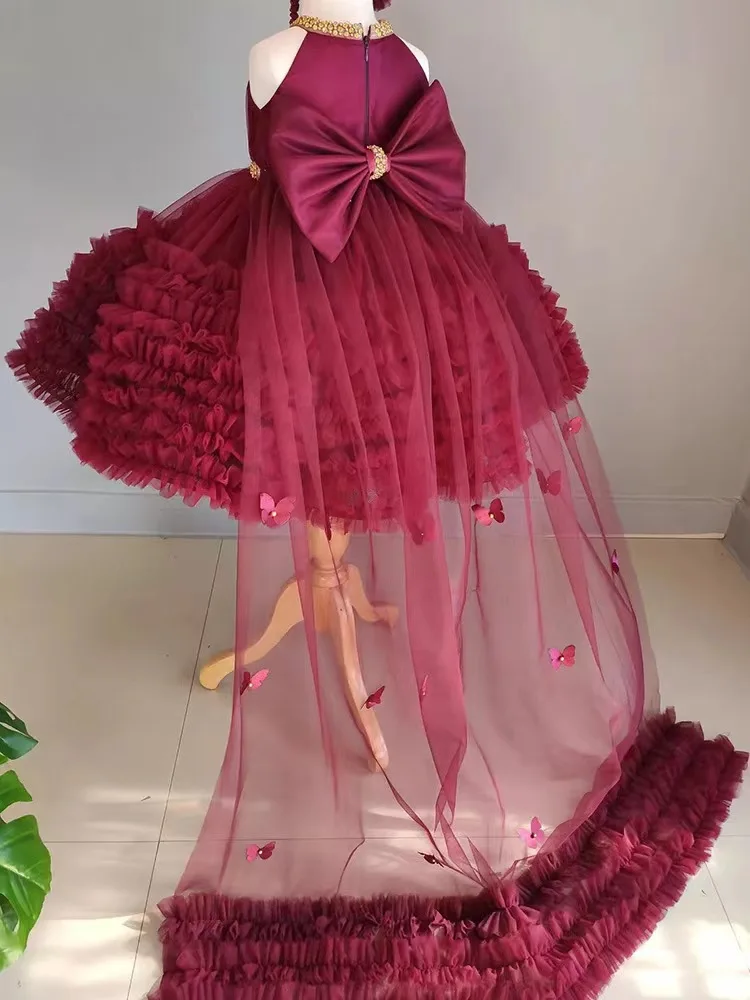 New Girls' Dress Sweet Neck Trailing Cake Skirt Host Flower Girl Princess Skirt Show Dress Big Butterfly Retro Tutu Skirt