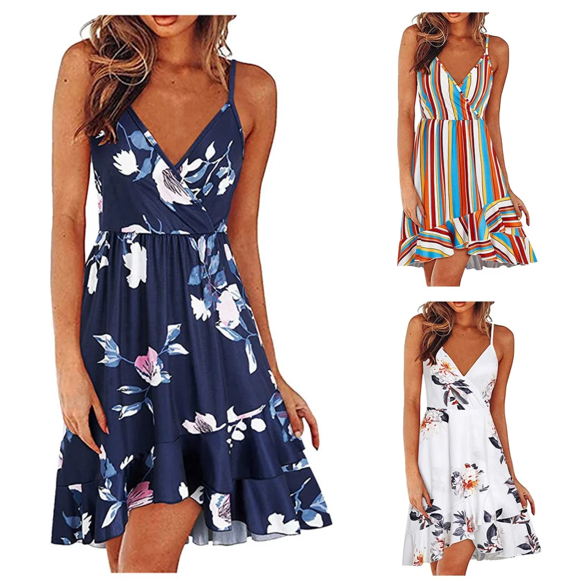 Summer women's sexy fashion V-neck halter sleeveless backless multi-color print swing dress