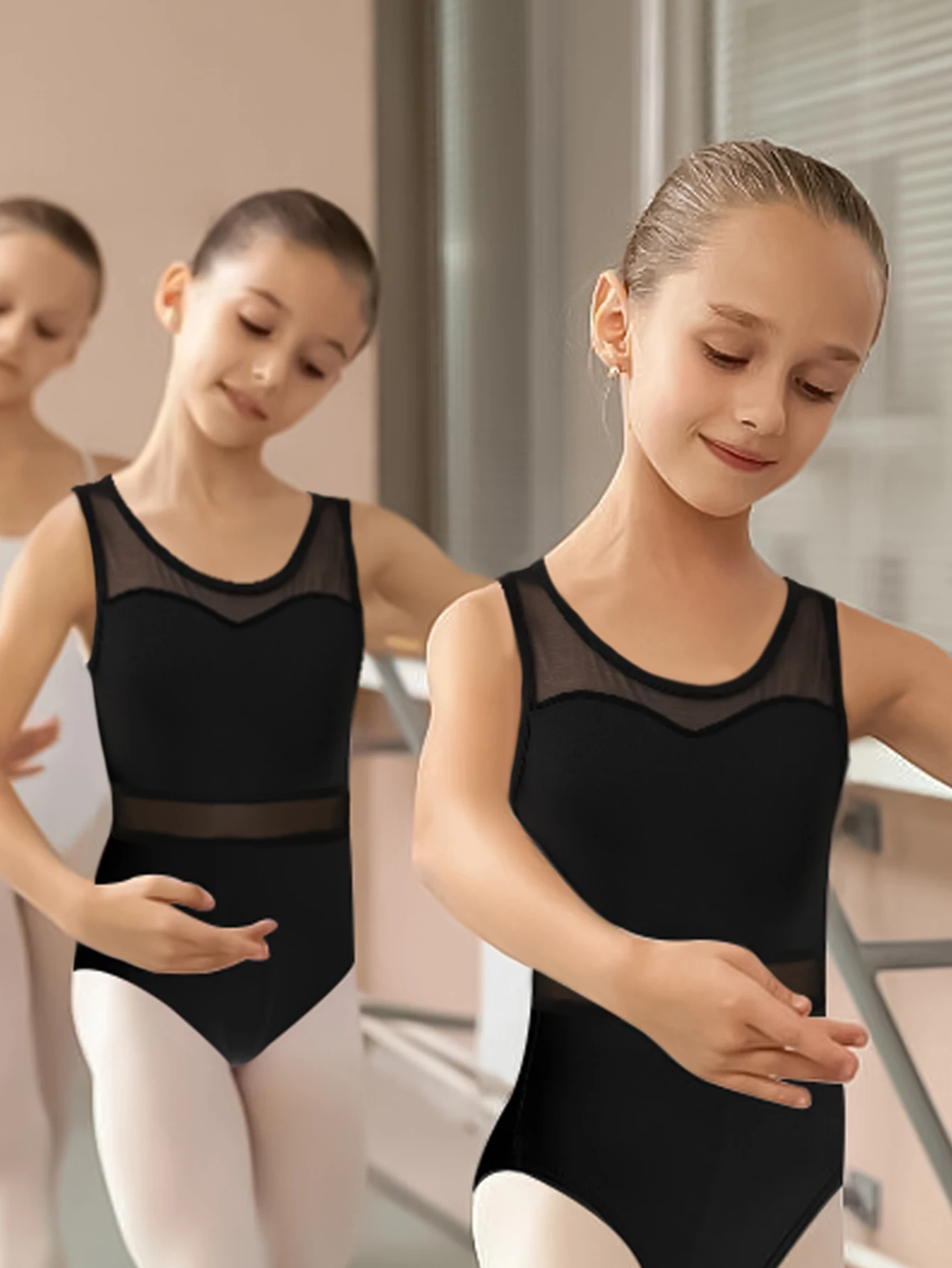 Girl Ballet Dance Elastic Mesh M-neck Leotard, chest lining water-drop back Leotards  for toddler