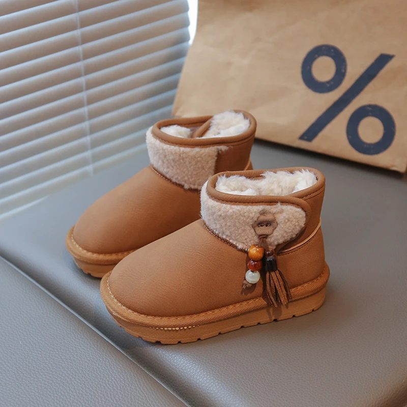 Toddler Kids Winter Snow Boots, Fleece Lined Fur Cuff, Beaded Tassel Decor, Non Slip Thick Sole for Daily Outdoor Wear