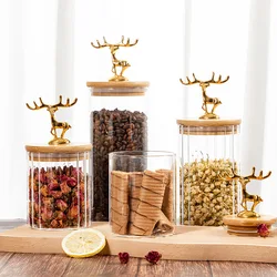 Nordic Golden Elk Storage Jar with Lid Cylindrical Sealed Glass Container Kitchen Storage Supplies Food Storage Containers 500ML