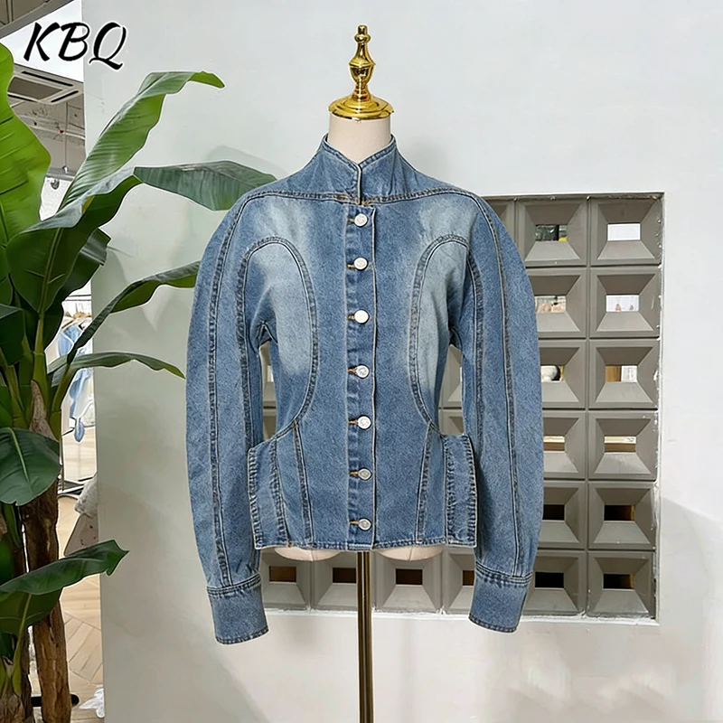 

KBQ Solid Spliced Button Tunic Short Denim Jacket for Women Stand Collar Distressed Design Sense Wash Short Jacket Female New