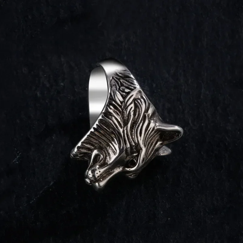 Vintage Nordic Viking Wolf Head Ring Men Domineering Personality Animal Jewelry Imitation Thai Silver Wolf Open Ring for Male